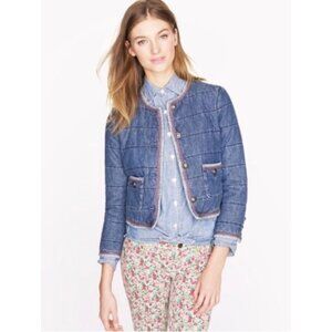J. Crew Collection Quilted Denim Lady Jacket w/Blush Pink Trim metal button 2